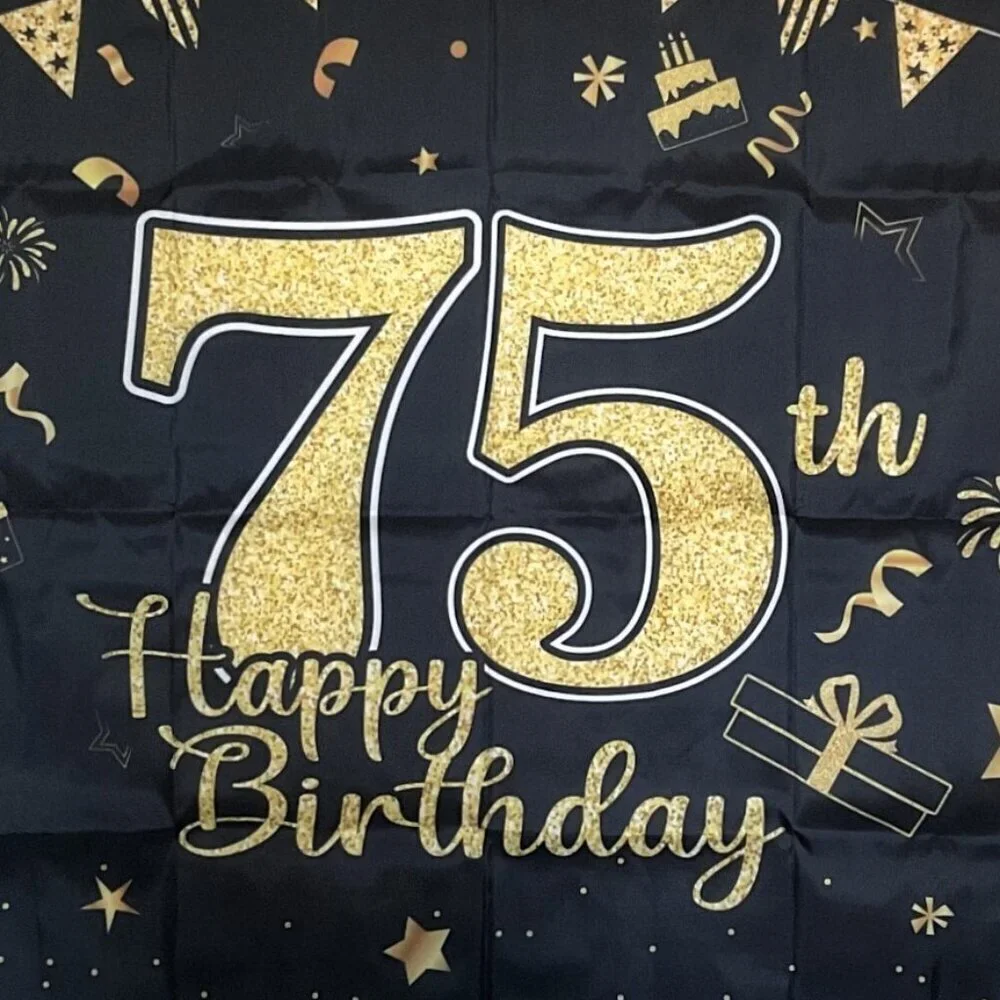 75TH HAPPY BIRTHDAY BACK DROP, BANNER, 8 TABLE DÉCOR 11 BALLOONS